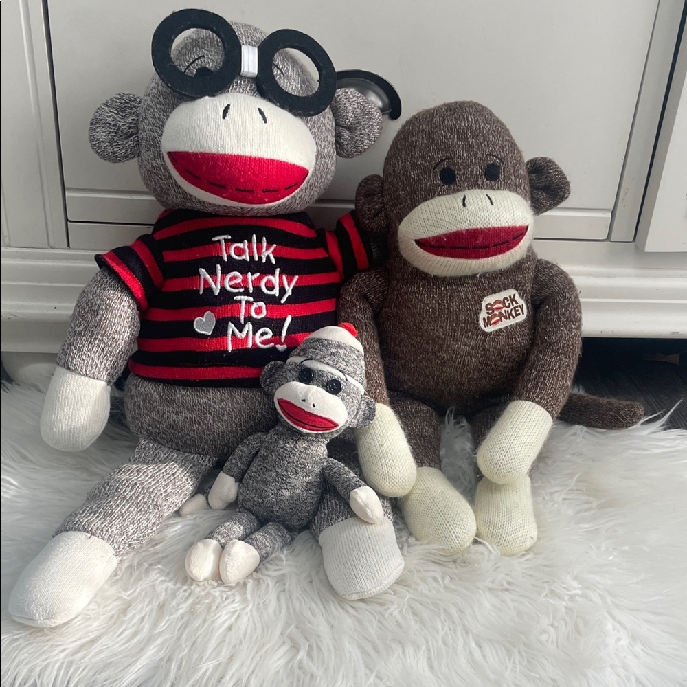 Sock Monkey Trio Brown, Gray, Red stuffed animals